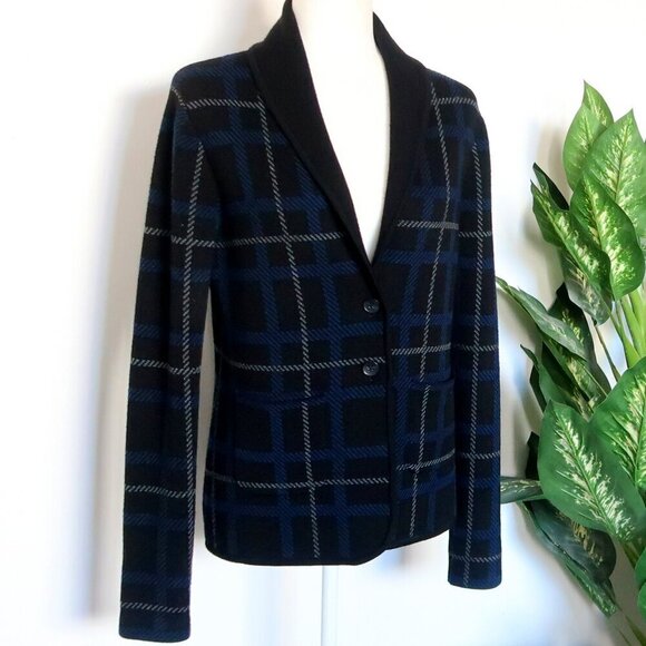Margaret O'Leary Black Plaid Merino Wool Knit Long Sleeve Cardigan Sweater - Picture 10 of 10